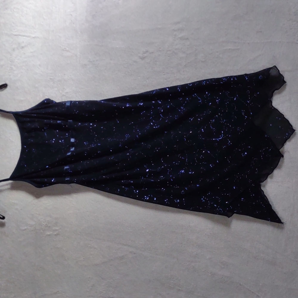 Elegant Asymmetrical Black Dress With Sheer Overlay, Blue Sparkling Vines Y2K